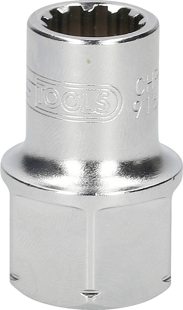 Chromowany nasadowy klucz nasadzany o przekroju sześciokątnym, przeznaczony do prac śrubowych przy maszynach lub pojazdach.