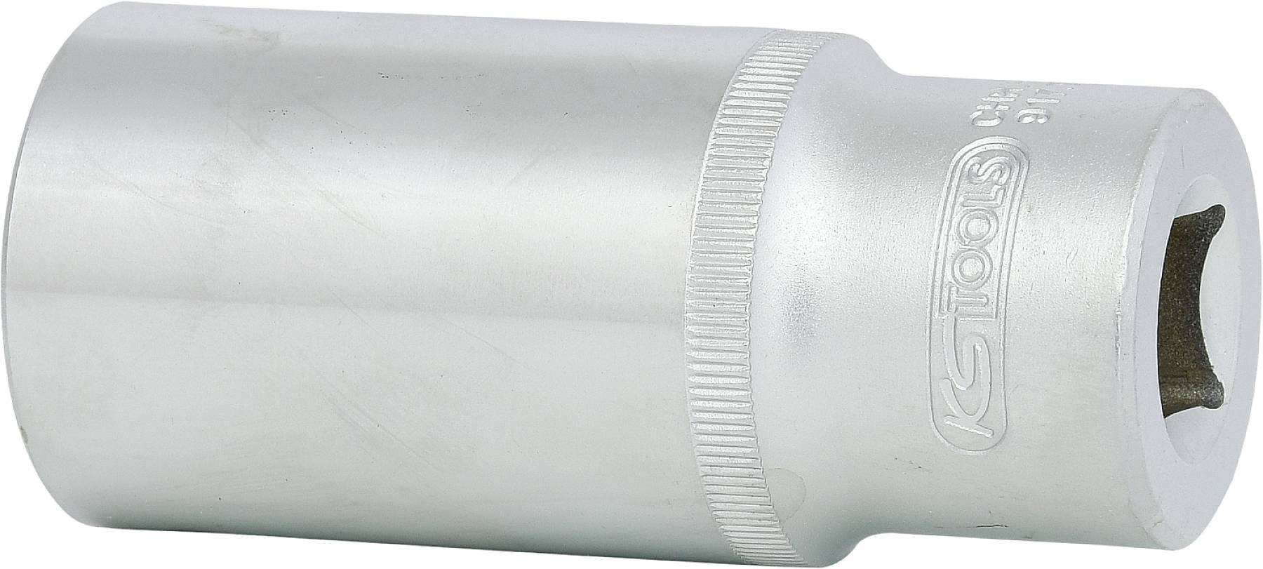 Srebrny metalowy adapter do klucza nasadowego, o cylindrycznym kształcie, z żebrowaną strefą uchwytu zapewniającą lepszą przyczepność.