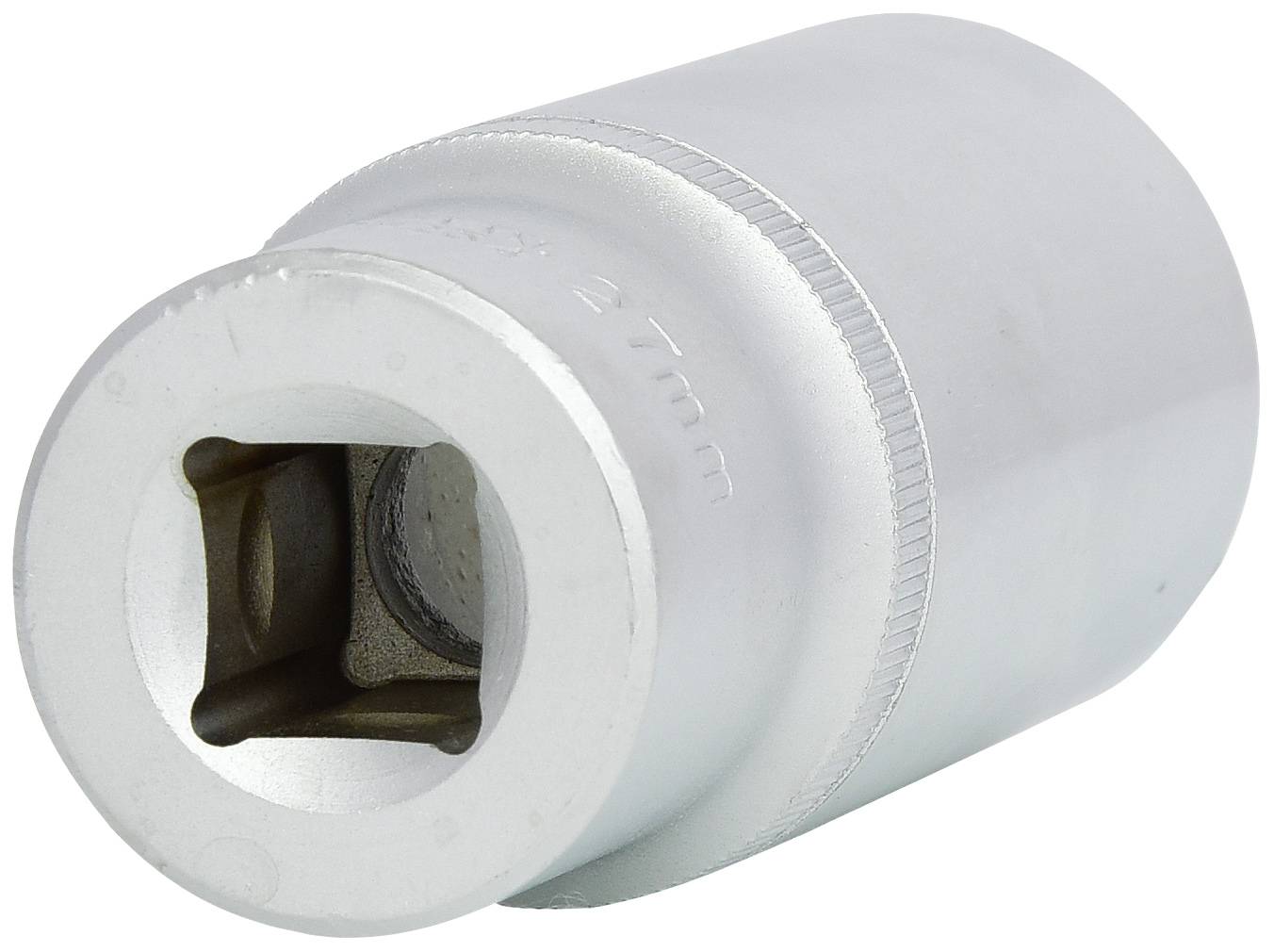 Metalowa nasadka klucza sześciokątna, cylindryczna, do napędu z grzechotką. Odpowiednia do prac montażowych przy maszynach lub pojazdach.