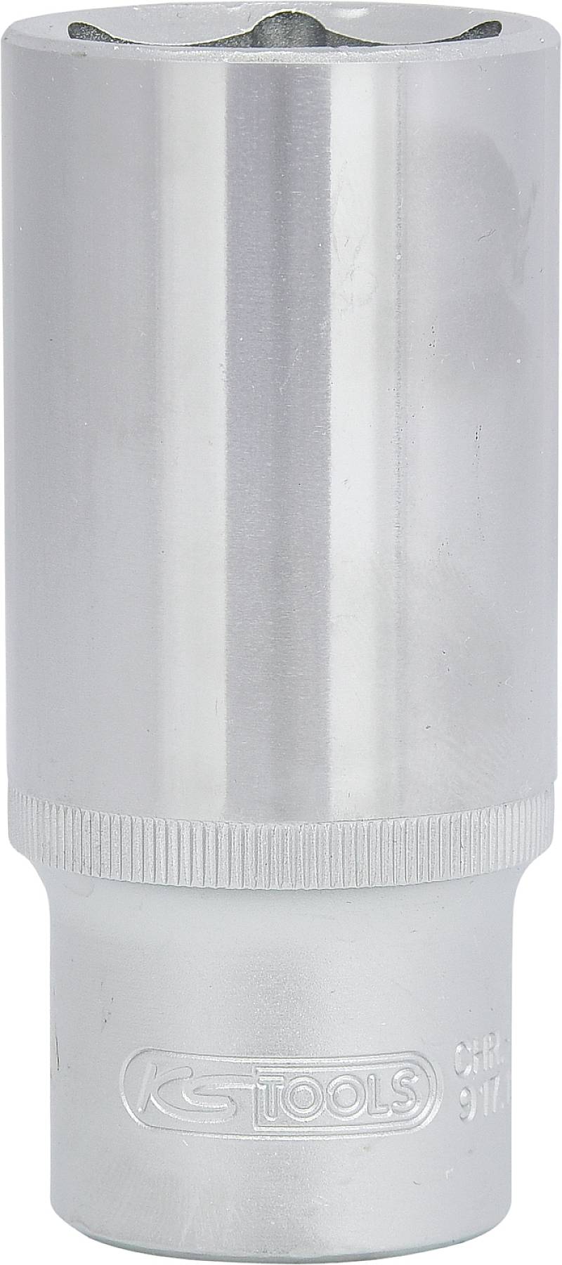 Klucz nasadowy metalowy, srebrnego koloru, z grawerowanym napisem 'TOOLS'. Służy do chwytania i obracania nakrętek i śrub.