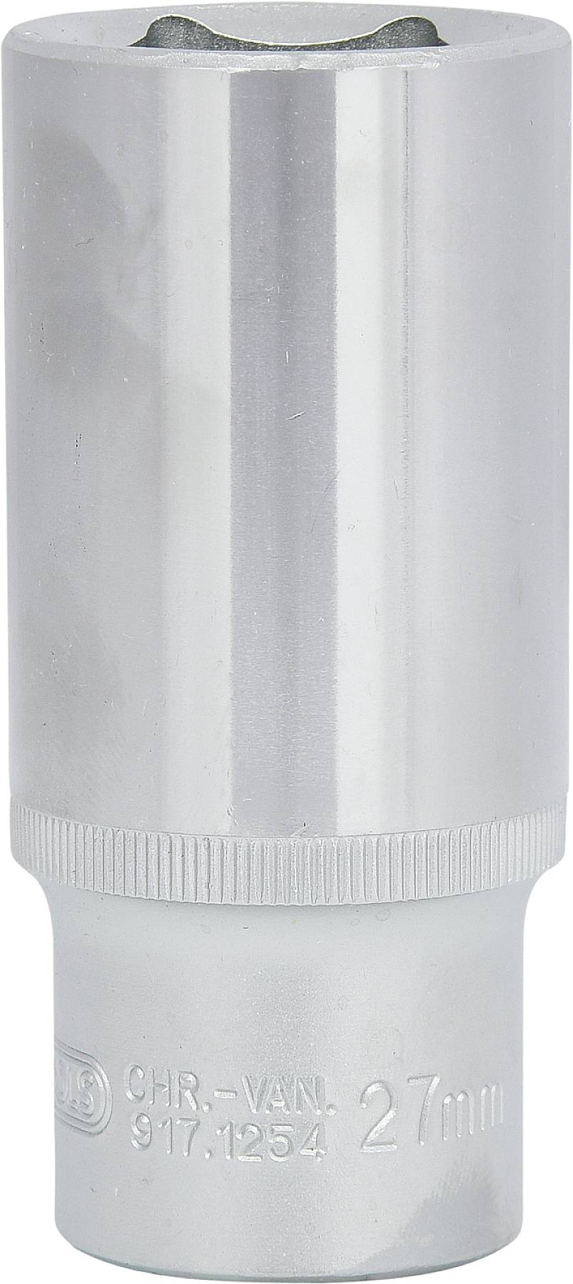 Klucz nasadowy o średnicy 27 mm, z powierzchnią chromowaną, odpowiedni do prac mechanicznych i napraw.