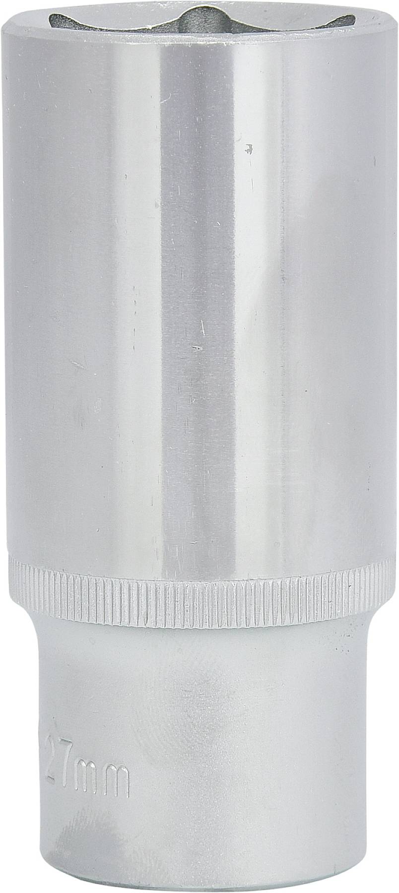 Srebrna wtyczka z grawerunkiem o szerokości 27 mm na krawędzi, stosowana w mechanice do śrub i nakrętek.