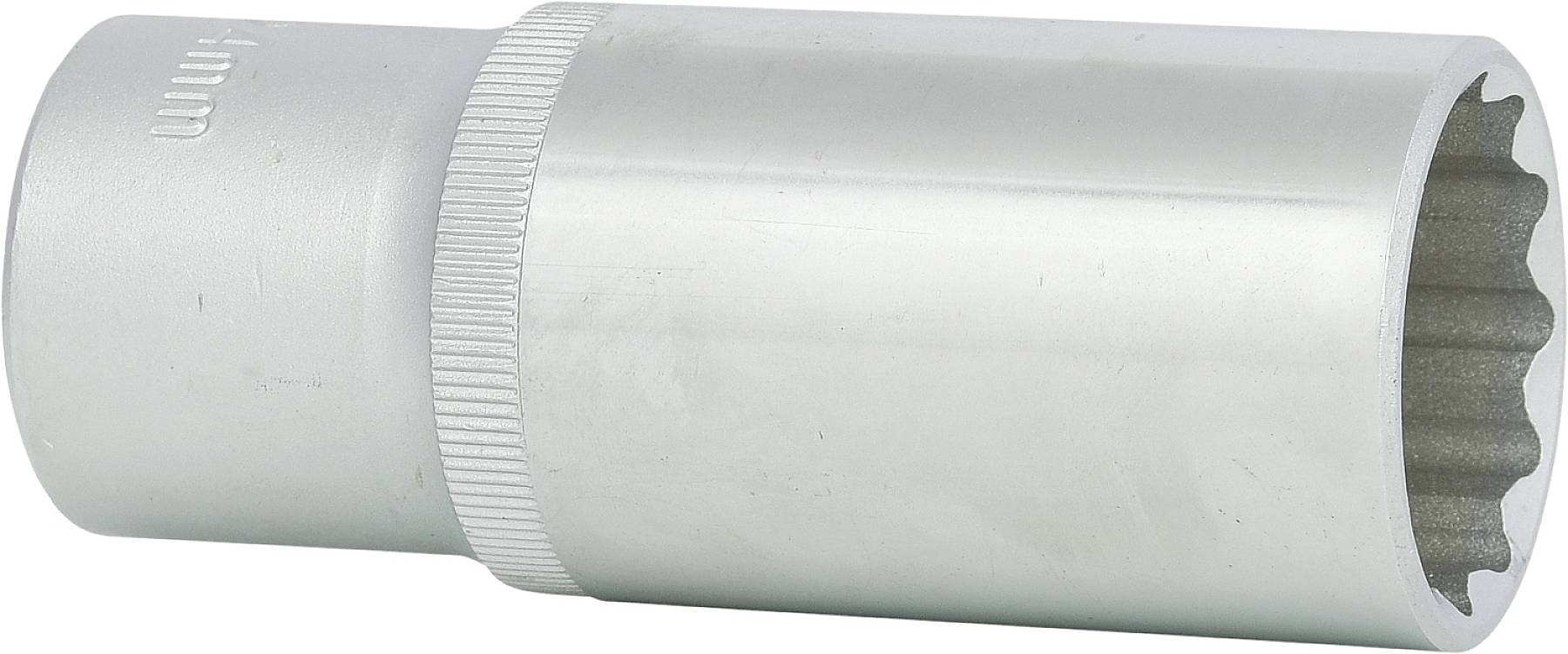 'Obraz srebrnego klucza nasadowego z żebrowanym uchwytem i uzębionym profilem na jednym końcu.'