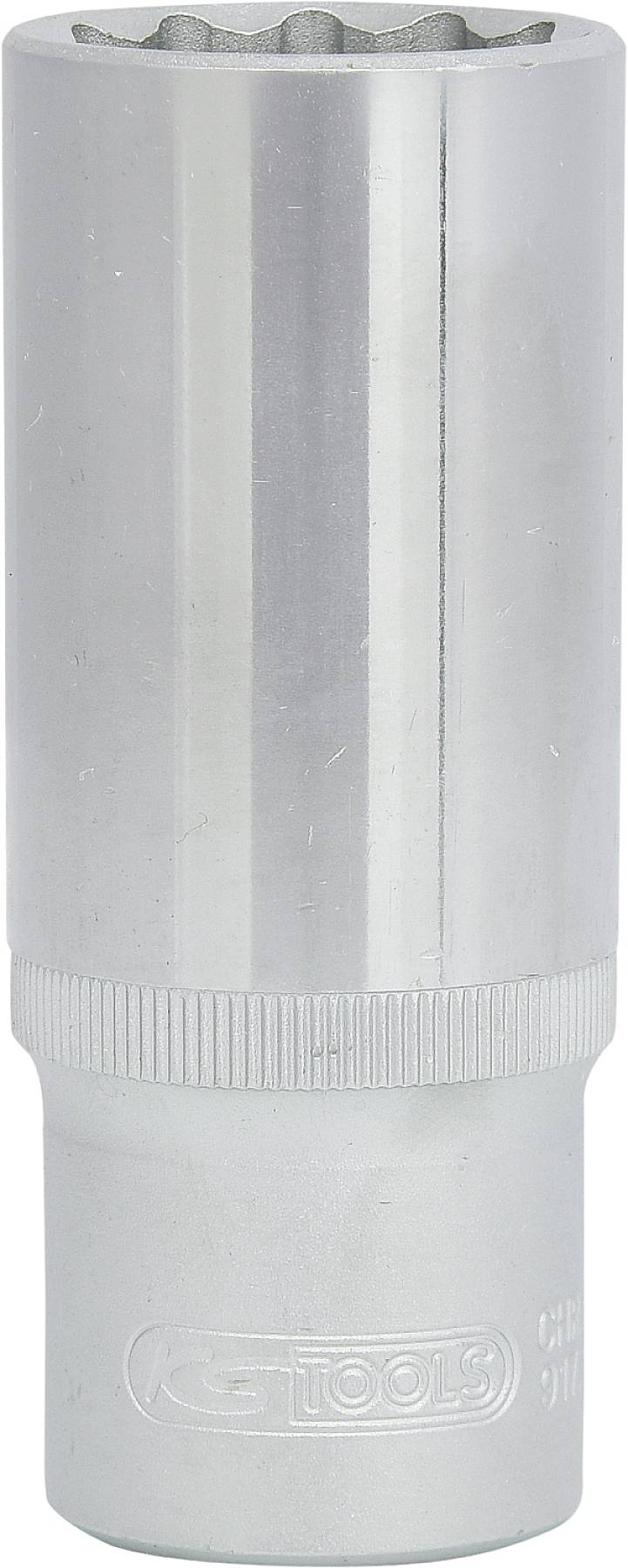 Sześciokątne gniazdo metalowe, błyszczące, prezentuje srebrzyste wykończenie z rowkowaniem na dolnym końcu. Odpowiednie do prac ślusarskich.