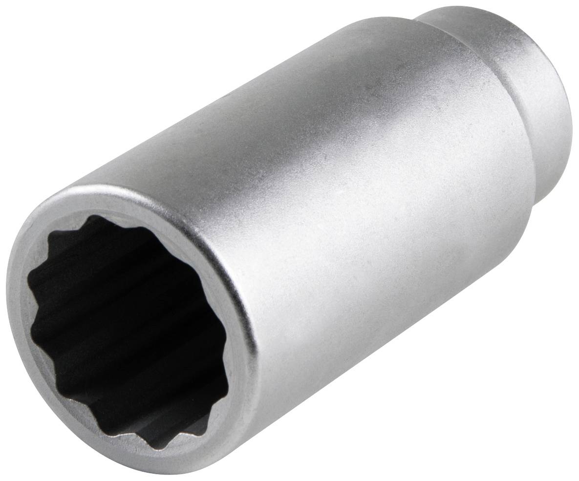 Klucz nasadowy metalowy z żebrowanym wzorem wewnętrznym, przeznaczony do odkręcania lub dokręcania śrub.