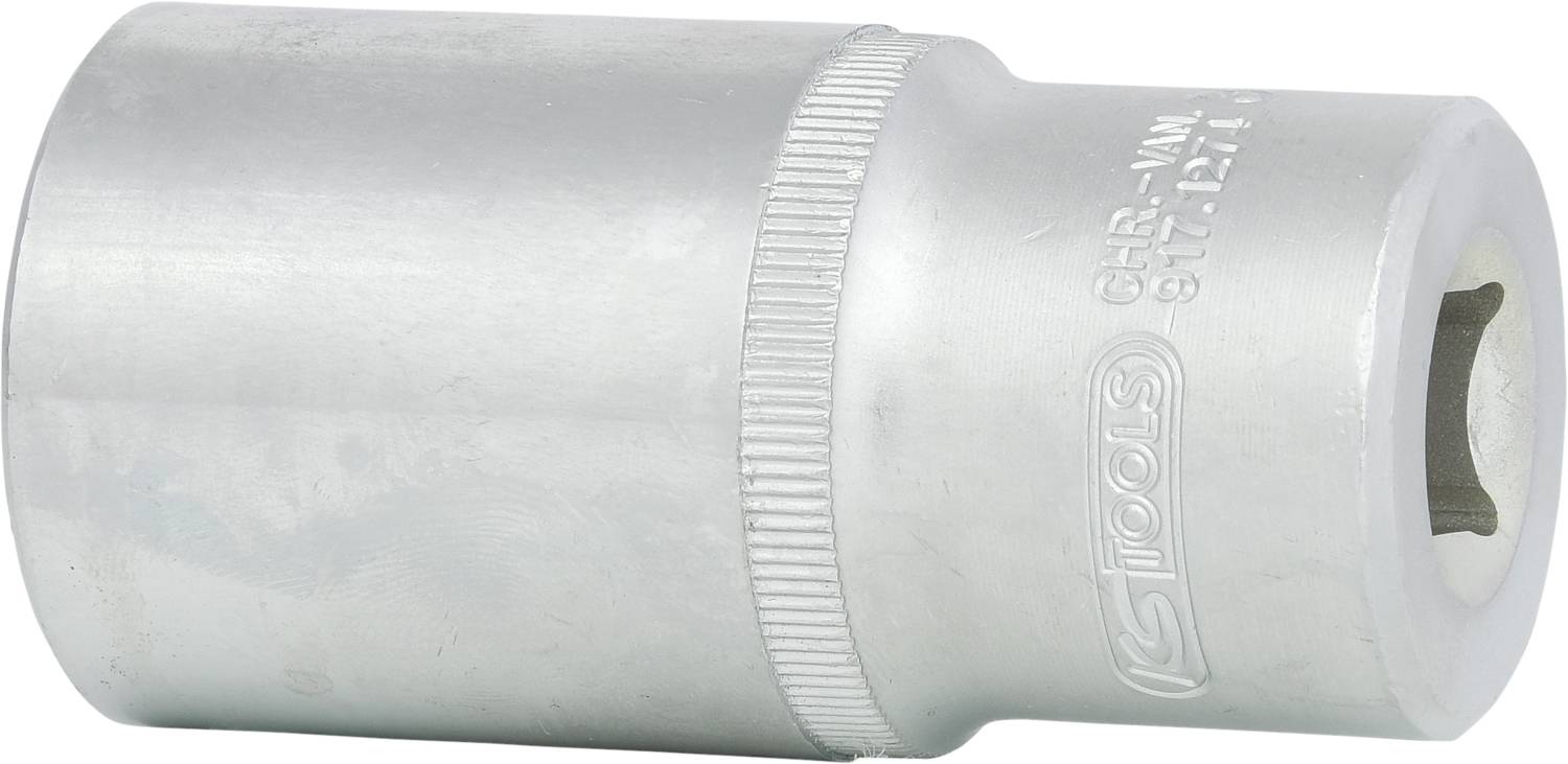 Srebrna nakrętka sześciokątna z zestawu narzędziowego, przeznaczona do używania z kluczem nasadowym.