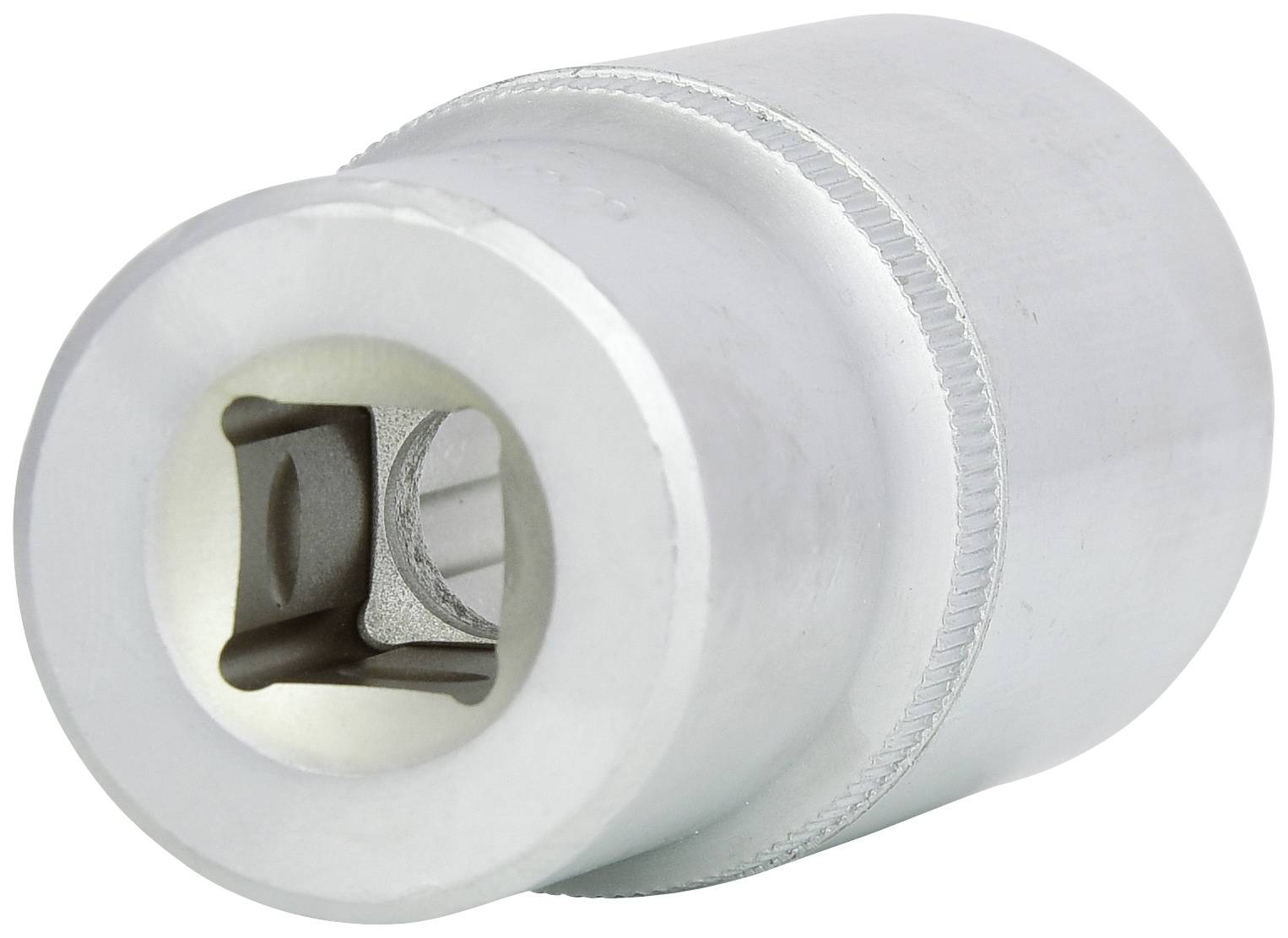 Srebrny adapter metalowy w kształcie cylindra z kwadratowym wejściem, stosowany do prac śrubowych i kompatybilny z kluczami nasadowymi.