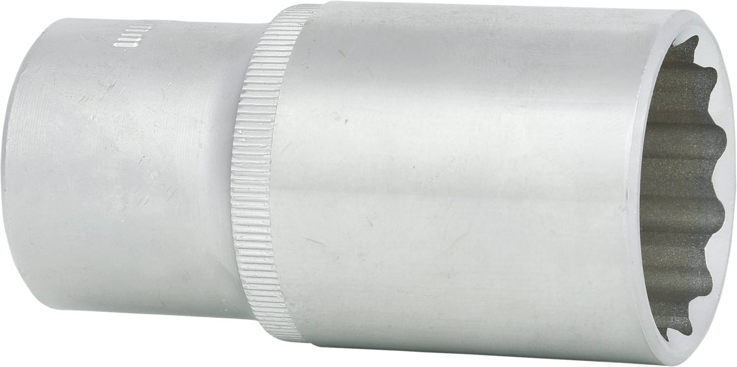 Chromowana nasadka sześciokątna, cylindryczna, z żebrowanym uchwytem, przeznaczona do użycia w zestawie kluczy nasadowych lub w kluczu z grzechotką.