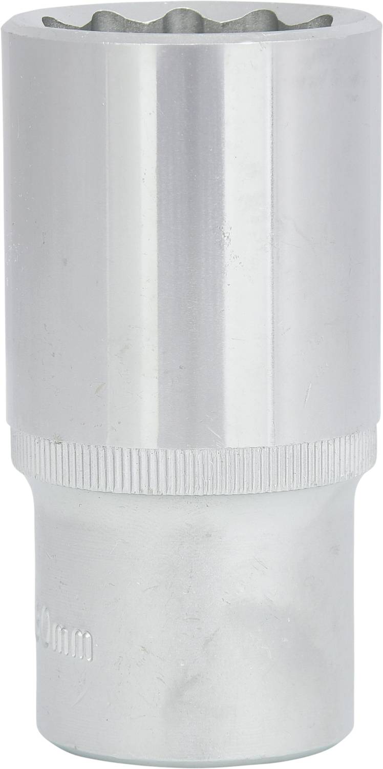 Klucz metalowy z żłobionym uchwytem, głowica 12-punktowa, srebrzysto-błyszczący, odpowiedni do zastosowań mechanicznych.