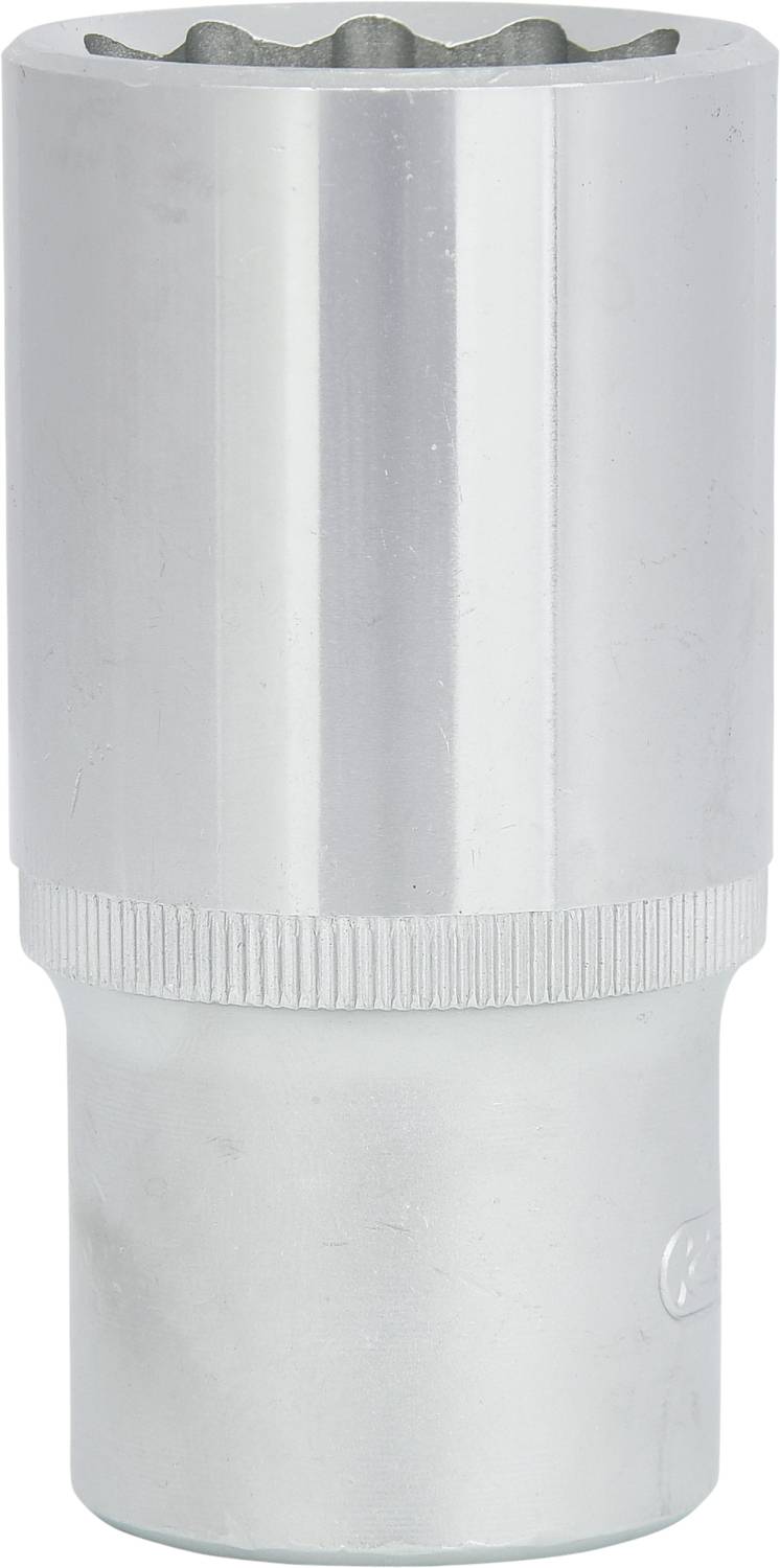 Srebrny klucz nasadowy o karbowanej powierzchni. Używany do dokręcania śrub i nakrętek.