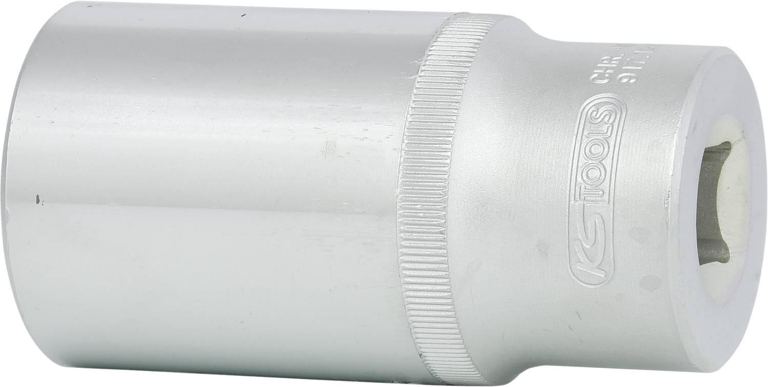 Srebrny sześciokątny klucz nasadowy o kształcie cylindrycznym, z rowkowanym uchwytem. Napis na przedniej stronie. Narzędzie warsztatowe lub majsterkowicza.