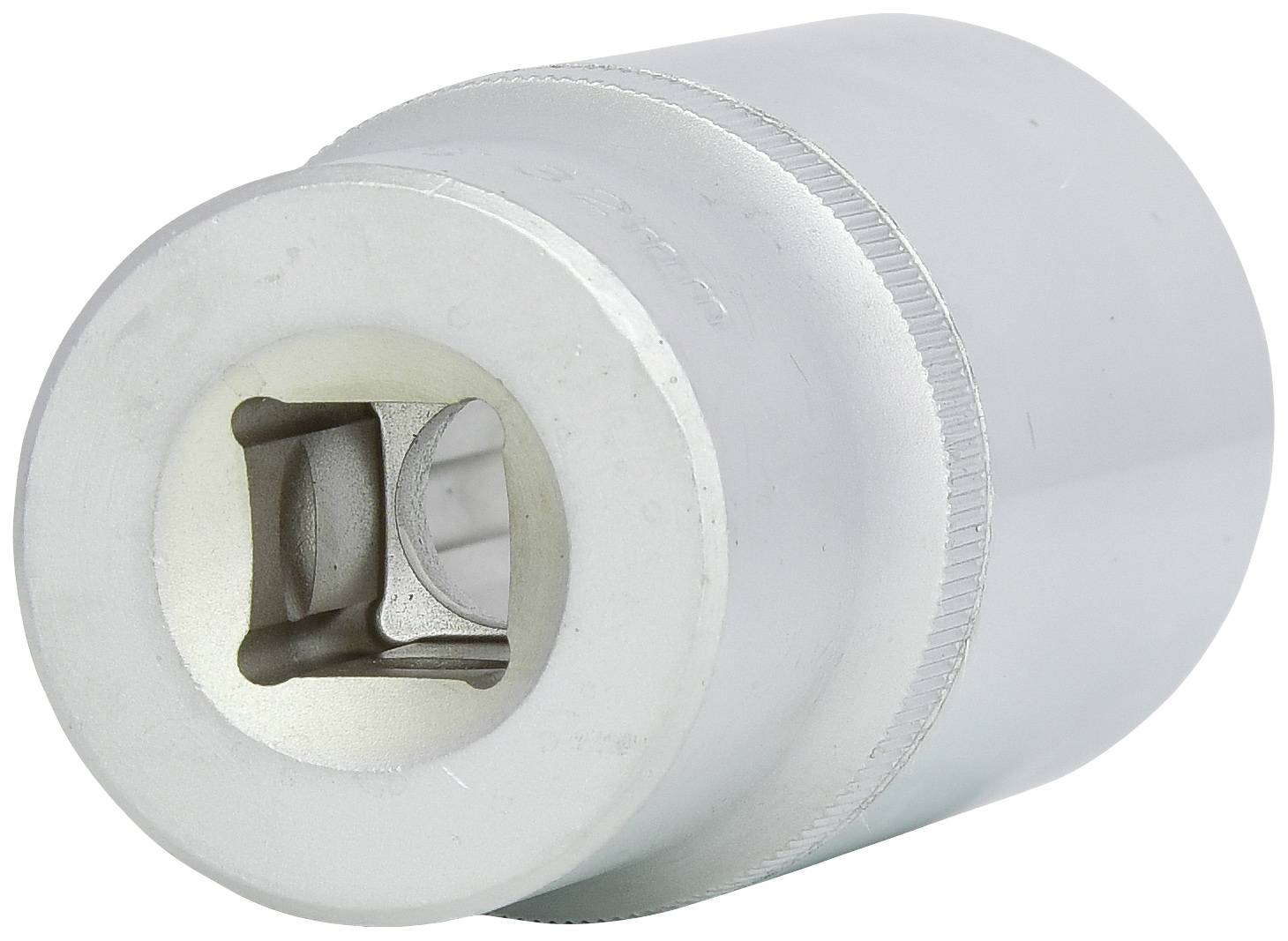 Srebrny nasadowy klucz do klucza, o cylindrycznym kształcie z kwadratowym napędem. Stosowany w mechanice.