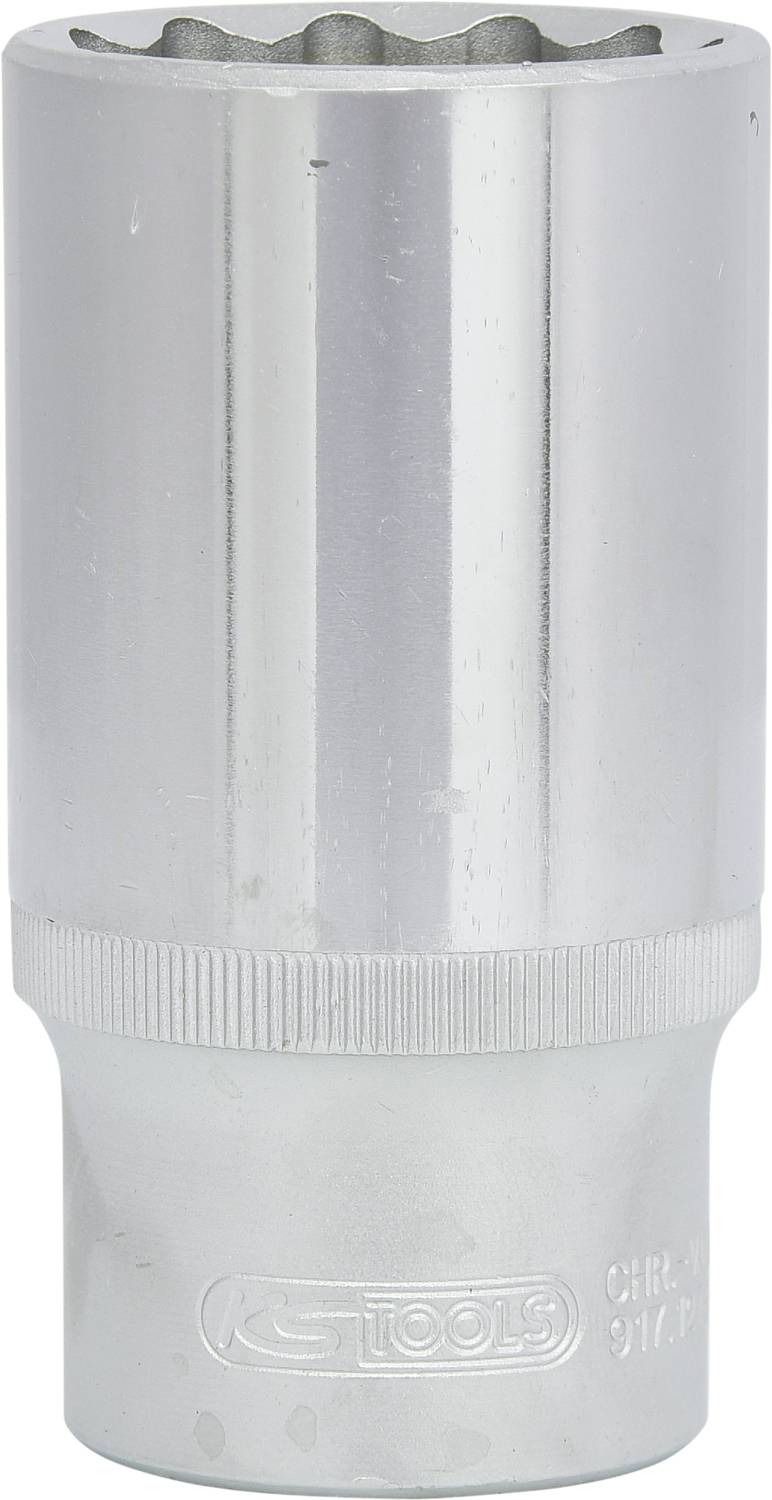 Chromowy, błyszczący klucz nasadowy do klucza, idealny do dokręcania lub odkręcania nakrętek i śrub, z logo 'KS TOOLS'.