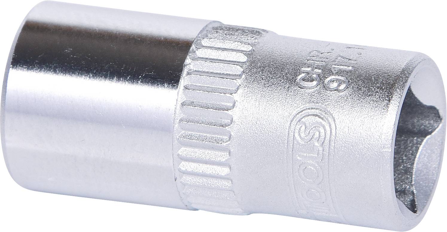Srebrny klucz nasadowy, cylindryczny z żebrowanym uchwytem, stosowany w zestawach kluczy nasadowych. Z lewej strony otwarty, z prawej strony z wielokątnym profilem.