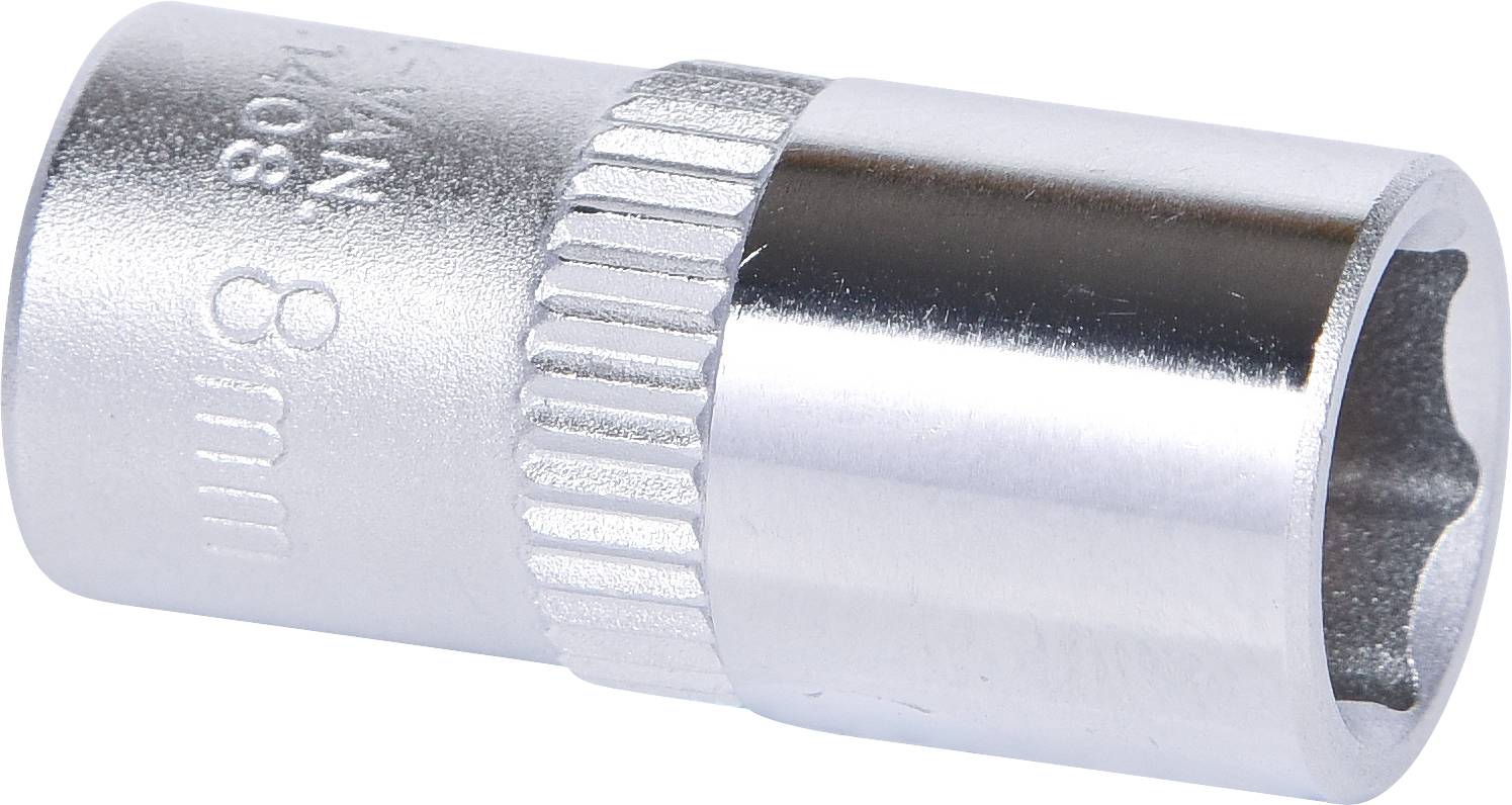 Metalowa wtyczka z rowkowaną powierzchnią i wygrawerowanym rozmiarem '8 mm', odpowiednia do zastosowań śrubowych.