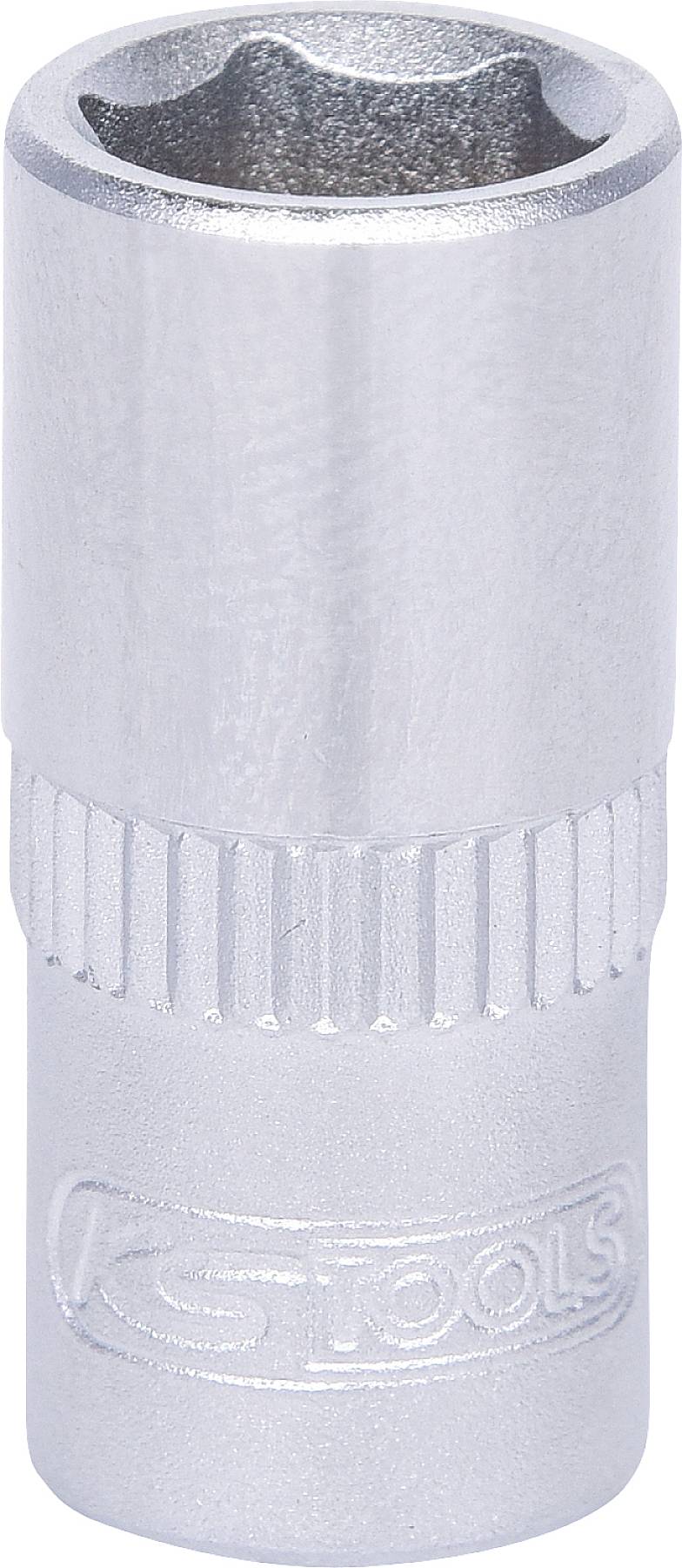 Srebrny nasadowy klucz sześciokątny z rowkami zapewniającymi lepszy chwyt.