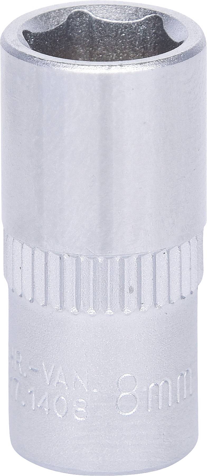 Chromowana nakrętka metalowa o średnicy 8 mm, odpowiednia do klucza nasadowego, z żebrowaną strefą uchwytu i wytłoczoną informacją o rozmiarze.