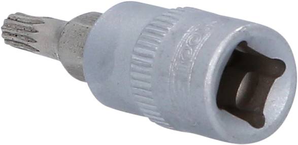 Srebrny adapter Torx z rowkowaniem, zapewniający lepszy chwyt, służący do wkręcania lub wykręcania śrub.