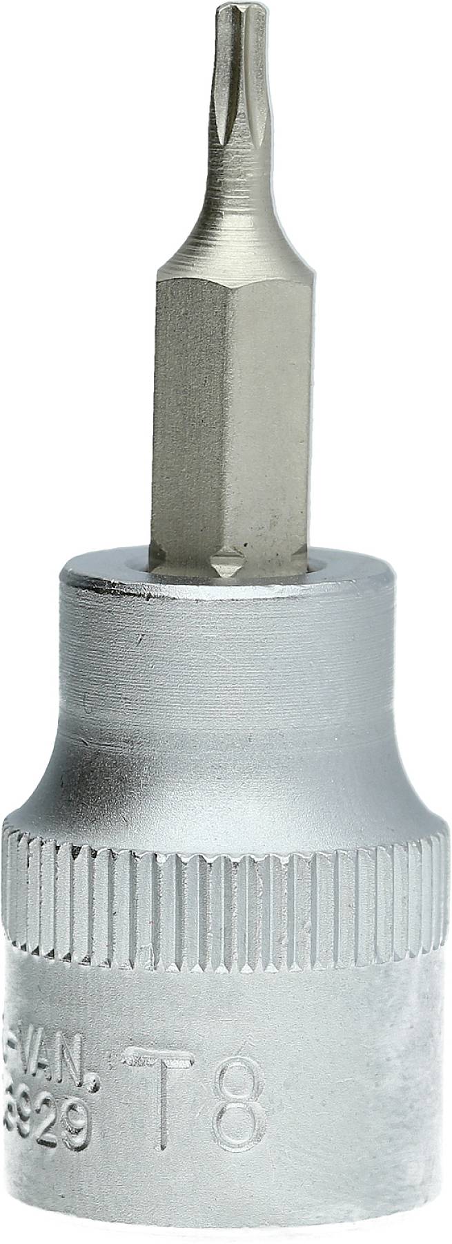 Bit Torx T8 z sześciokątnym chwytem, srebrna metalowa konstrukcja, cylindryczna podstawa do wkrętaka lub użytku z grzechotką.