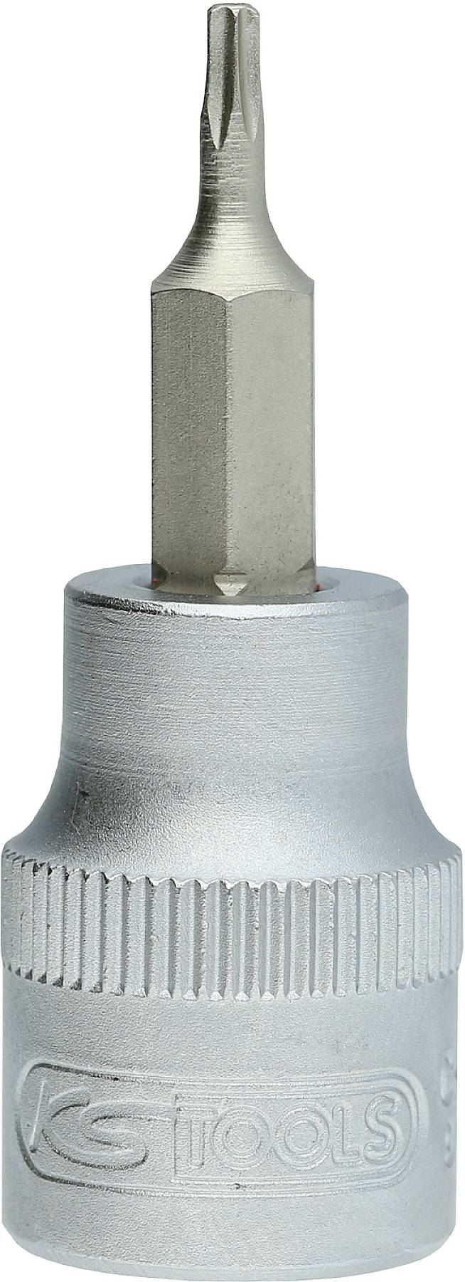 Klucz nasadowy 'KS Tools' z końcówką Torx, metalowy, w kolorze srebrnym, sfotografowany na białym tle.