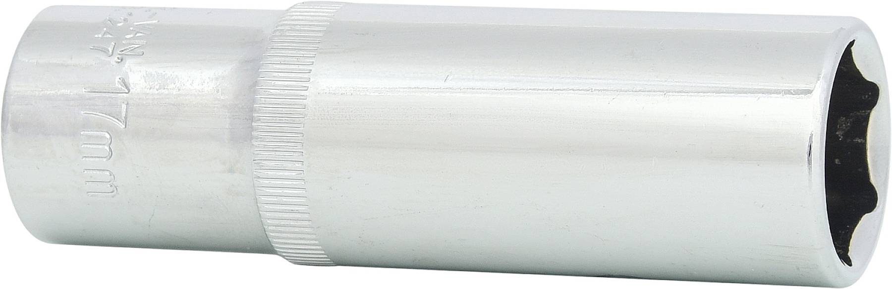 Srebrny klucz nasadowy z żebrowanym uchwytem i nadrukowanym rozmiarem '12 mm'.