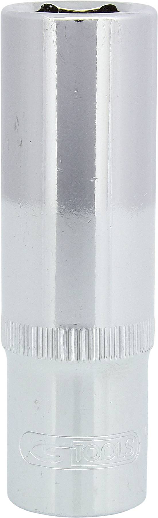 Metalowy klucz śrubowy, cylindryczny, srebrzyście błyszczący, z pionowymi żłobieniami dla lepszego chwytu.