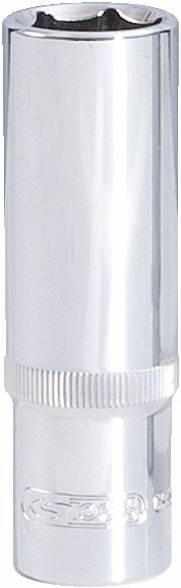 Srebrny nasadowy klucz z prążkowaną strefą uchwytu i charakterystycznym sześciokątnym otworem na górze.