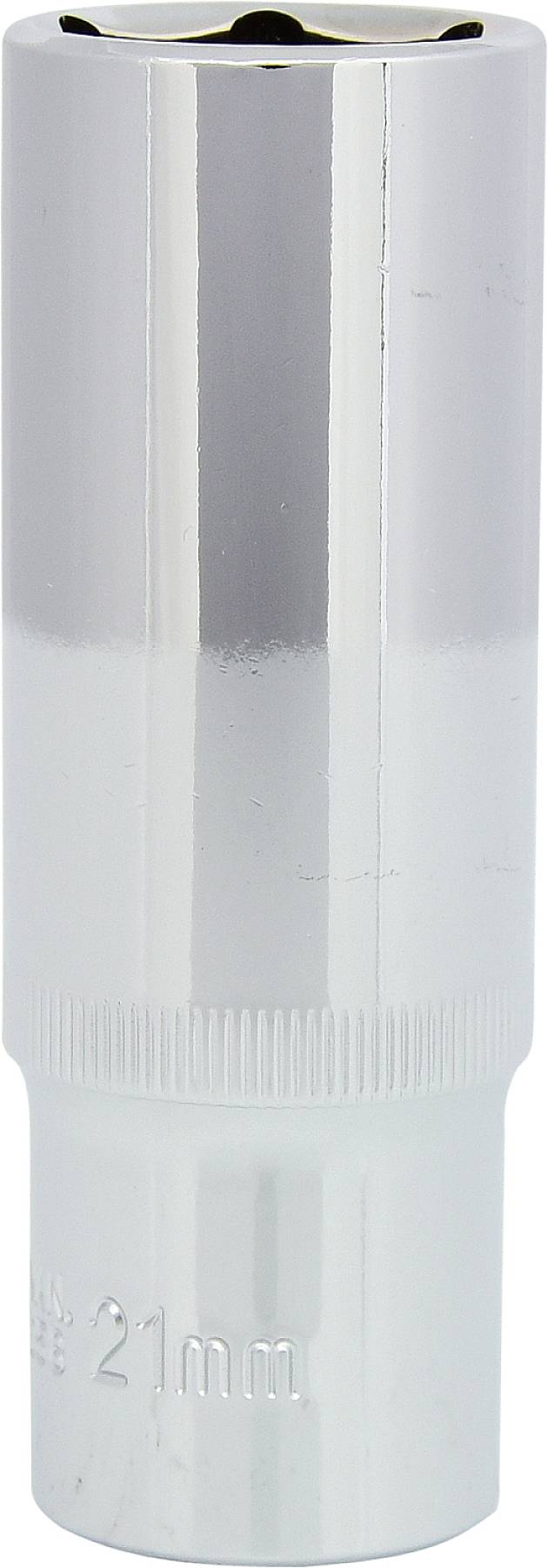 Srebrny klucz do świec zapłonowych z żebrowanym uchwytem. Rozmiar 21 mm, odpowiedni do demontażu i montażu świec zapłonowych.