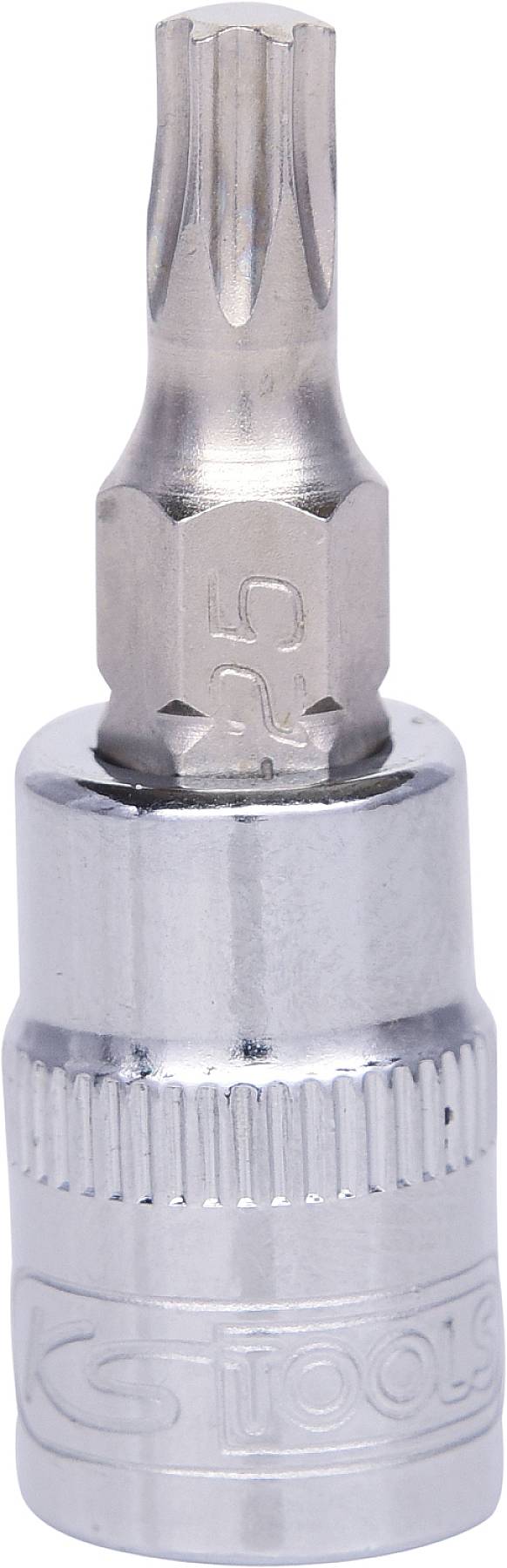 Nasadka z bitem Torx firmy 'KS Tools', srebrna, z oznaczoną rozmiarem T25 na trzpieniu. Idealna do precyzyjnych prac ślusarskich.