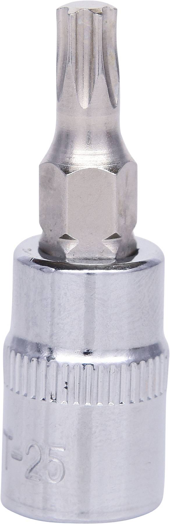 Srebrny adapter do wkrętaka Torx z grawerem T-25, przeznaczony do użytku w narzędziach ręcznych i elektromechanicznych.