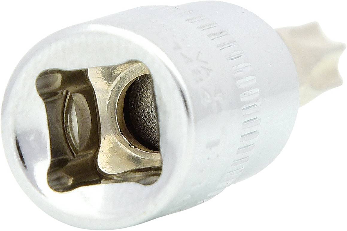 Srebrny nasadowy klucz z czworokątnym gniazdem wewnętrznym i gniazdem w kształcie gwiazdy, stosowany do prac ślusarskich.