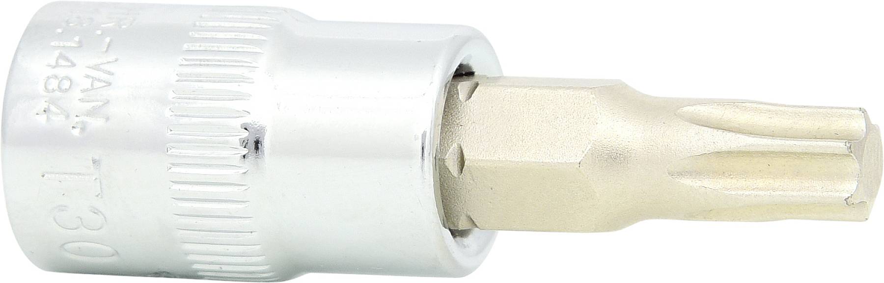 Końcówka bits z profilem Torx, z lewej strony cylindryczna metalowa tuleja z grawerunkiem 'TT30', z prawej strony wkładka sześciokątna, odpowiednia do prac śrubowych.