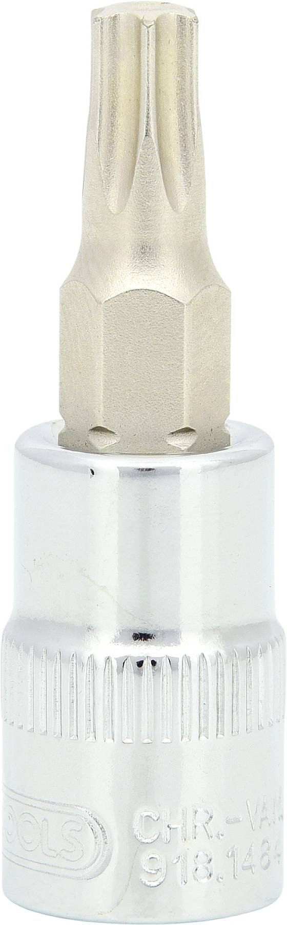 Klucz nasadowy Torx z chromowaną, polerowaną powierzchnią, odpowiedni do napraw samochodowych i prac mechanicznych.