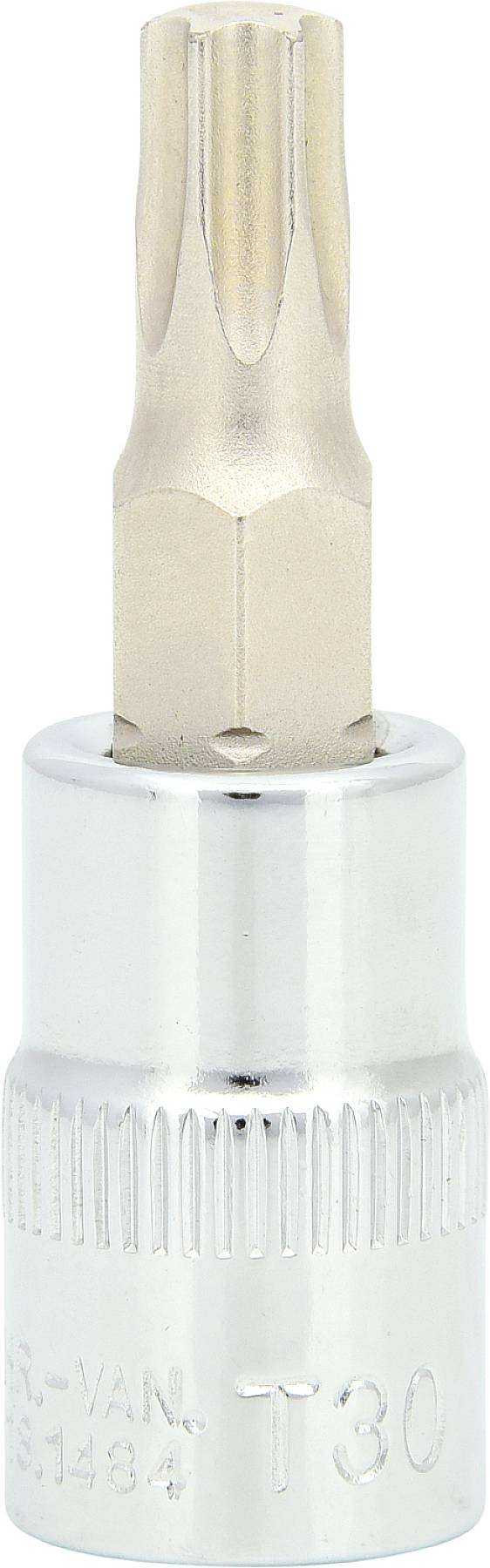 Srebrny bit Torx z oznaczeniem 'T30', osadzony w gnieździe klucza nasadowego, widziany z perspektywy góry.