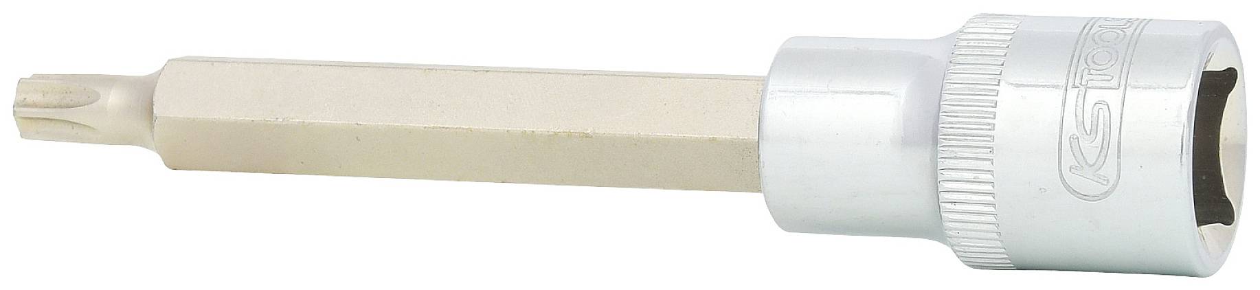 Sześciokątny bit z łbem Torx, odpowiedni do prac ślusarskich, przedstawiony jest w metalicznym kolorze.