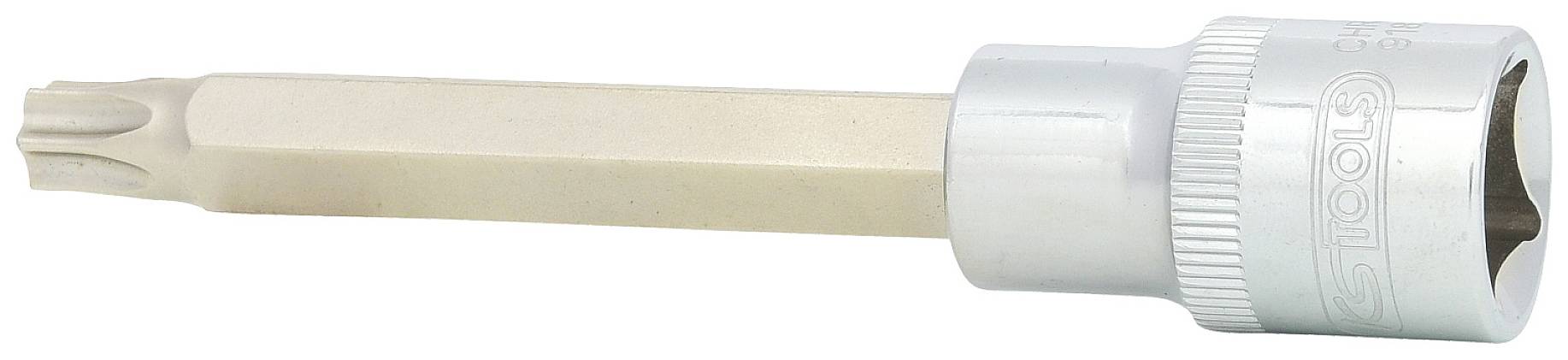 Nasadka z długim przedłużeniem, przeznaczona do wkrętów Torx. Metalowo-srebrna głowica i beżowy trzon.