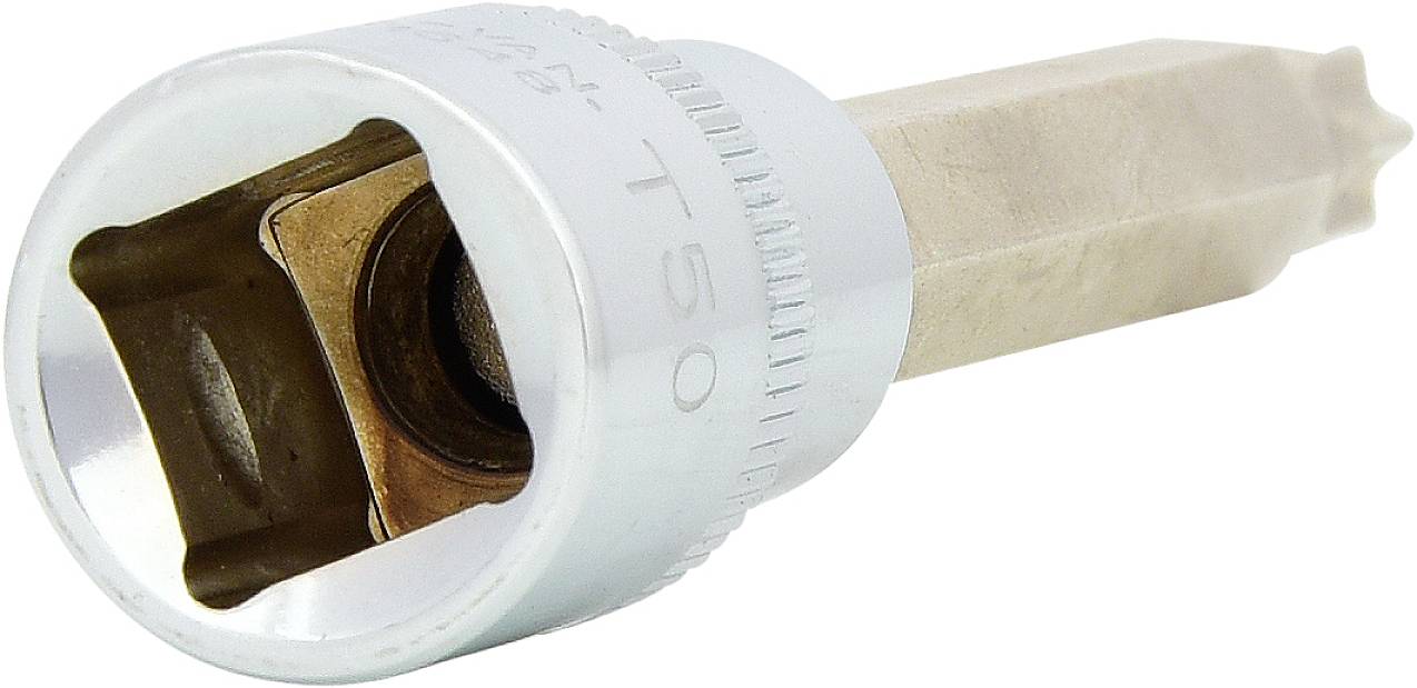 Srebrny bit Torx o rozmiarze T50 z sześciokątnym uchwytem, odpowiedni do kluczy lub nasadek zapadkowych.