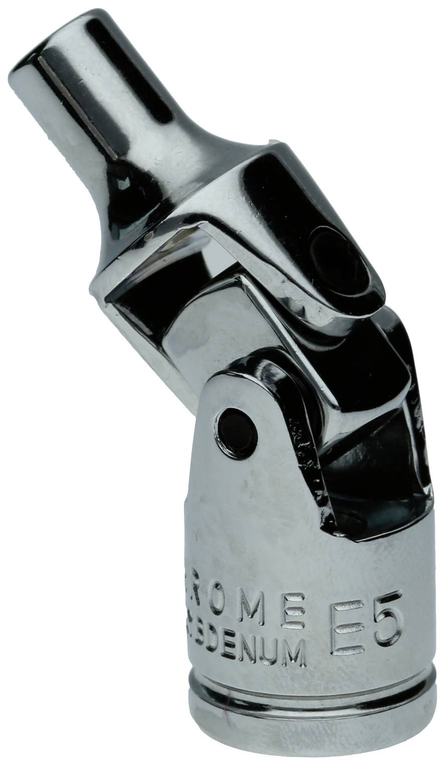 Chromowany, regulowany adapter przegubowy, prawdopodobnie do klucza, z napisem 'CHROME E5'.