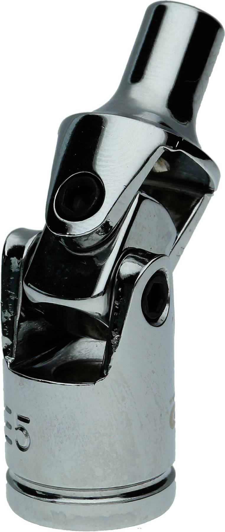 Metalowe przegub kardana do narzędzi, o błyszczącej powierzchni, umożliwia elastyczny ruch w kątowych wkrętarkach.