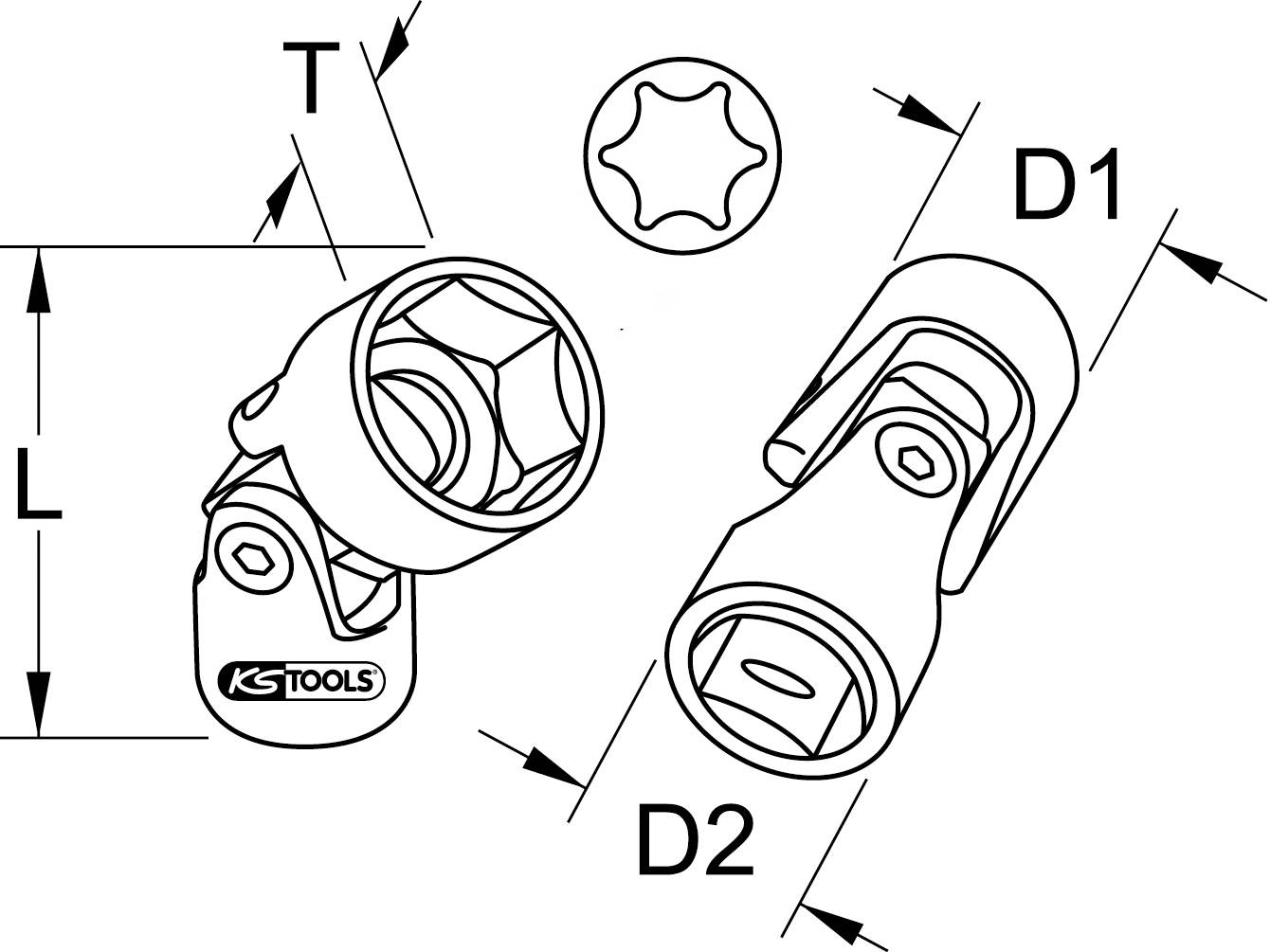 Rysunek złącza z wymiarami T, L, D1 i D2, przedstawiający szczegóły takie jak sześciokątna przestrzeń wewnętrzna oraz logo 'KS TOOLS' na boku.
