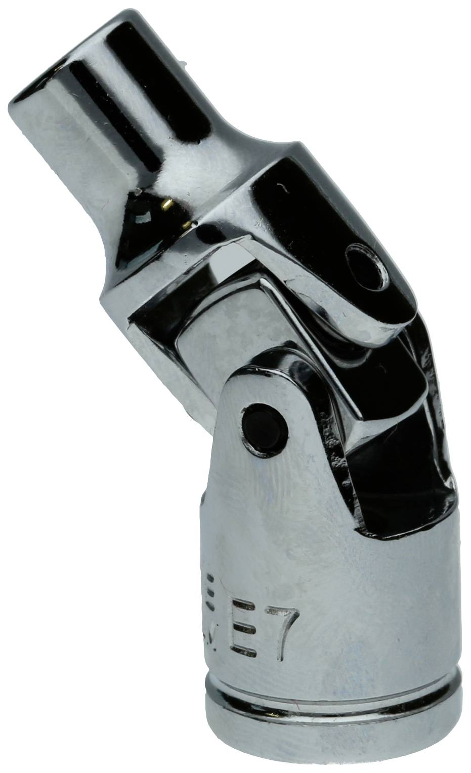 Metalowe przegub Cardana z chromowanym wykończeniem; służy do elastycznego połączenia i przenoszenia siły między elementami.