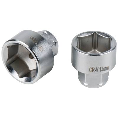 Dwie srebrne nasadki metalowe, jedna z napisem 'CR-V 13mm', na białym tle. Są używane do kluczy nasadowych.
