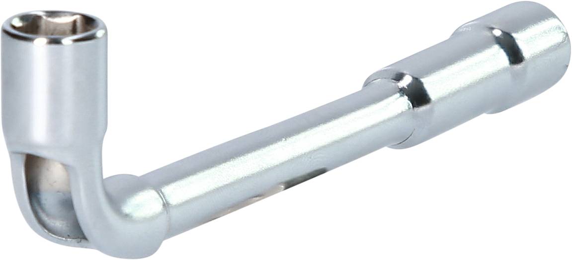 Srebrzysta, metalowa grzechotka w kształcie litery L, przeznaczona do dokręcania lub odkręcania nakrętek.