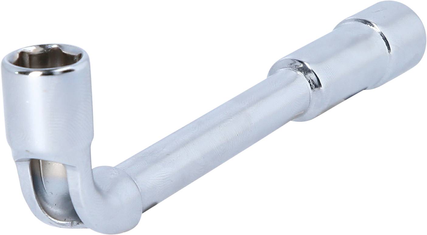 Chromowany klucz imbusowy z długim ramieniem dźwigni i okrągłym otworem do śrub na końcu.