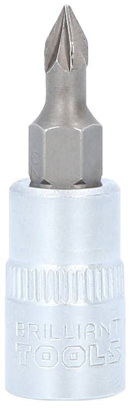 Srebrny wkład do wkrętaka z napisem 'BRILLIANT TOOLS', ukształtowany ze szpiczastym czubkiem krzyżakowym.
