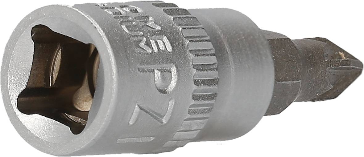 Srebrny uchwyt z wygrawerowanym tekstem 'PZ1'. Po lewej stronie sześciokątne wejście, po prawej stronie ostry koniec do wkrętów krzyżowych.