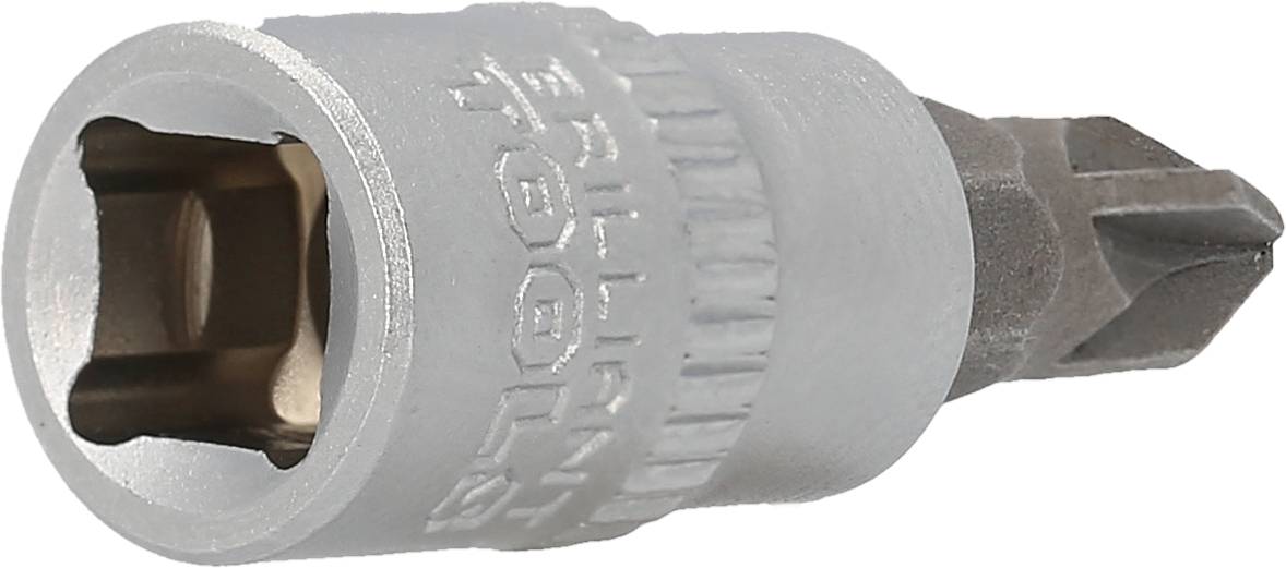 Metalowy klucz bitowy z łbem krzyżakowym, ułożony poziomo. Stosowany do prac śrubowych.