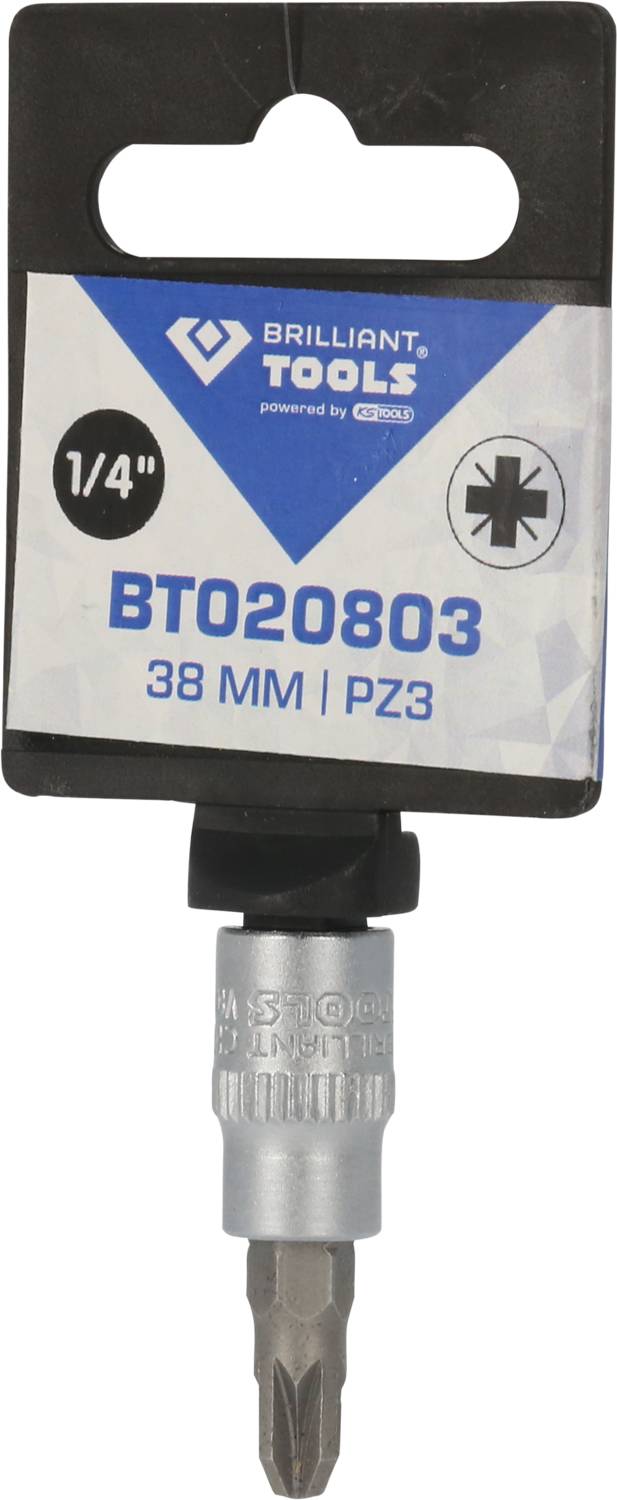 Narzędzia 'Brilliant Tools' 1/4 cala bit, BT020803, 38 mm, typ PZ3, opakowanie z srebrnym bitem poniżej.
