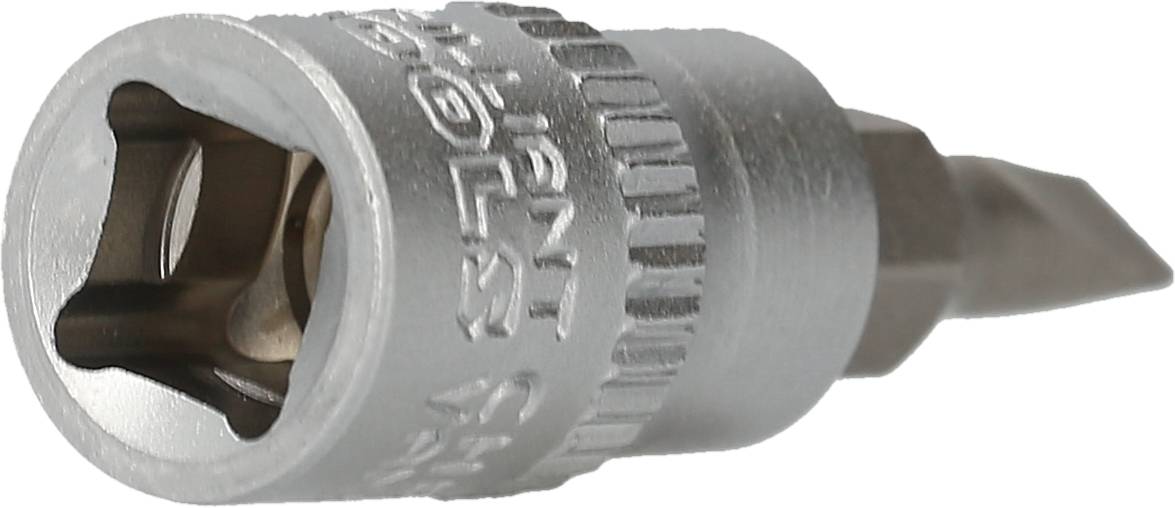 Obraz przedstawia srebrny bit wkrętaka z sześciokątnym mocowaniem i karbowanym uchwytem.