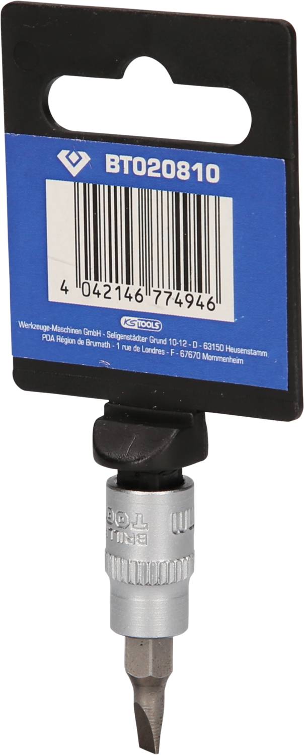 Wkrętak z niebieską etykietą na górze, na której widnieje kod kreskowy i numer 'BT020810'.